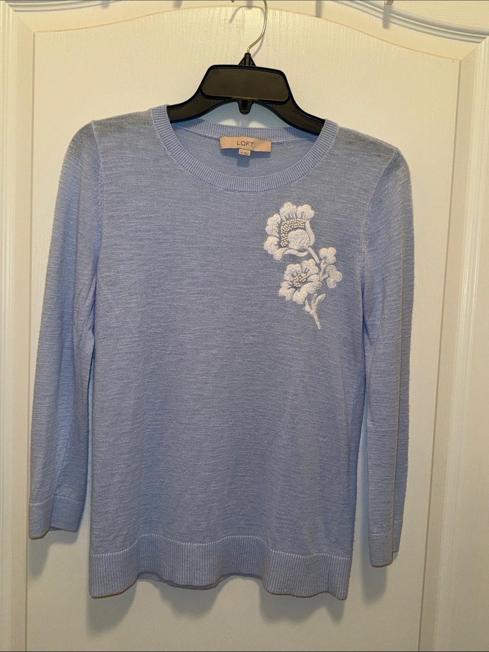 LOFT Light Blue Crewneck Sweater with White Floral Embroidery - Women’s Size XS